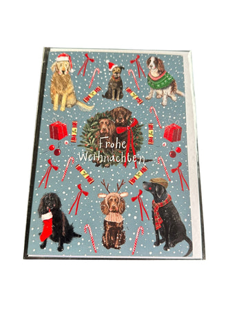 Alex Clark Weihnachtskarte „Frohe Weihnachten – Hunde mit Weihnachtsmützen“