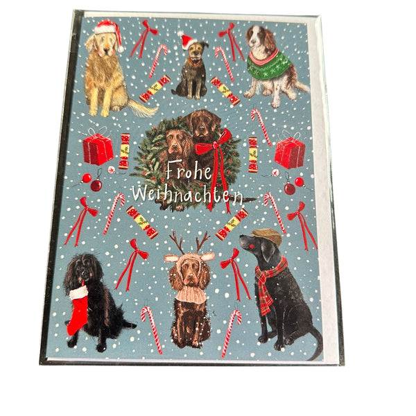 Alex Clark Weihnachtskarte „Frohe Weihnachten – Hunde mit Weihnachtsmützen“