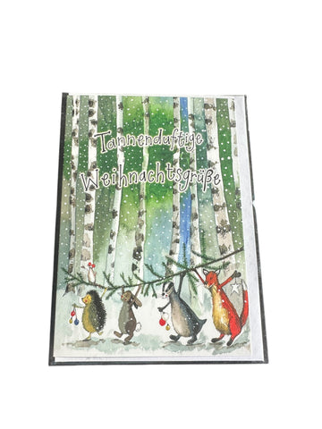 Alex Clark Weihnachtskarte „Tannenduftige Weihnachtsgrüße – Waldtiere mit Zweig“
