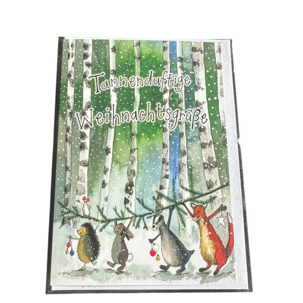 Alex Clark Weihnachtskarte „Tannenduftige Weihnachtsgrüße – Waldtiere mit Zweig“