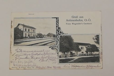 Oberösterreich Antiesenhofen Wagneders Gasthaus Bahnhof Pferde Wagen 600687A tl