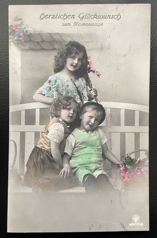 Herzlichen Glückwunsch zum Namenstage Kinder Mädchen Junge Tracht Bank 402495 TH