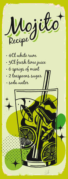 Schild Mojito Cocktail Rezept Bar Alkohol Drink Rum Minze 27x10 Blech od.Holz