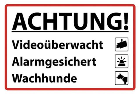 Schild Achtung Video Alarm Hunde 12x18 / 20x30 / 30x40 Blech od. Holz