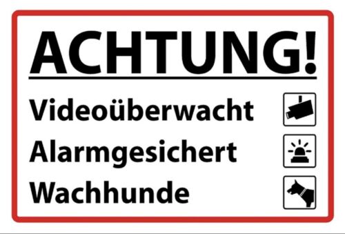 Schild Achtung Video Alarm Hunde 12x18 / 20x30 / 30x40 Blech od. Holz