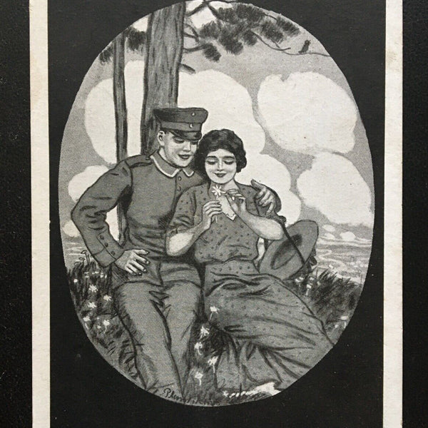 Er liebt mich/nicht - Soldat mit Frau Blume - Militär Krieg 400641 TH