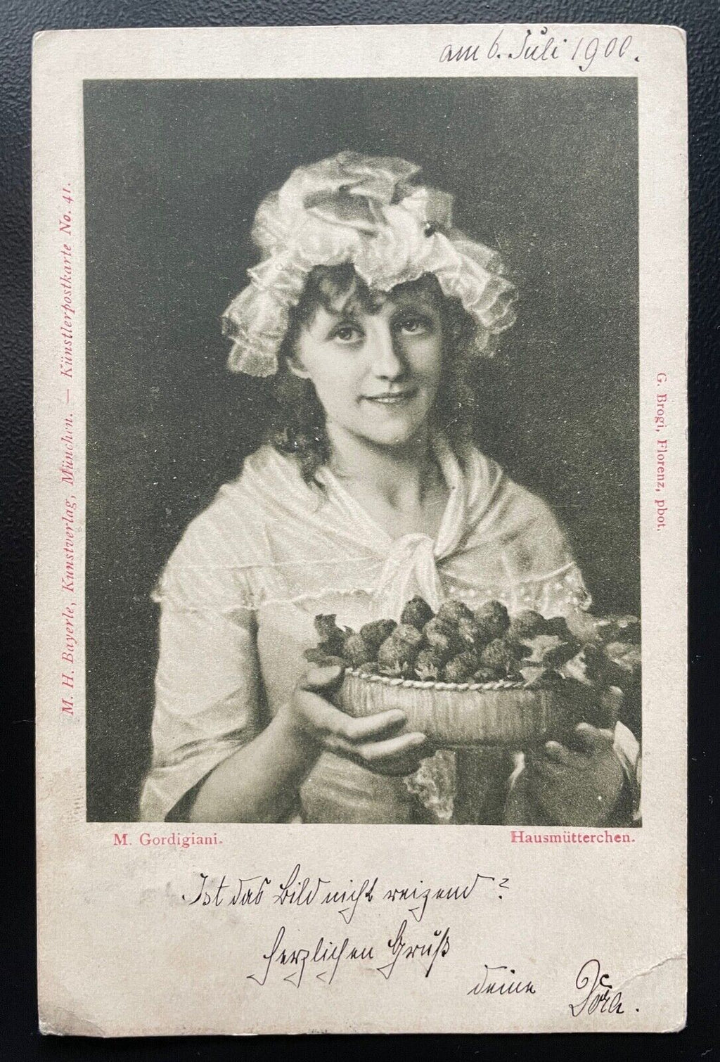 Hausmütterchen M.Gordigiani Frau Hut Tracht Beeren Schüssel Korb 400590 TH A