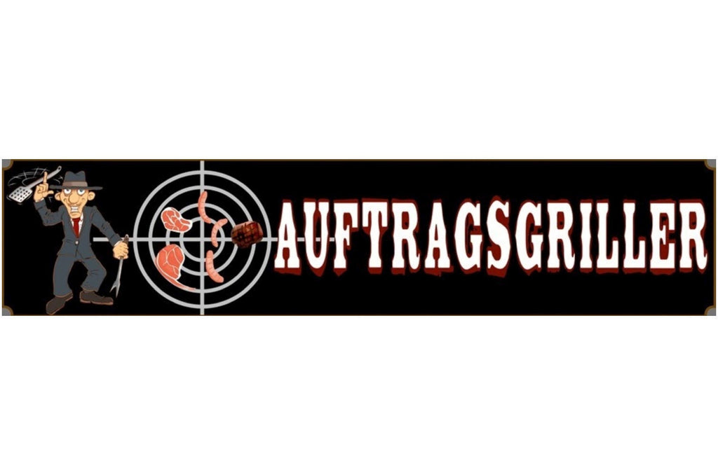 Schild Auftragsgriller Grillen BBQ Fleisch Wurst Grill 46 x 10 Blech od. Holz
