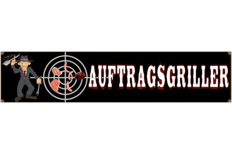 Schild Auftragsgriller Grillen BBQ Fleisch Wurst Grill 46 x 10 Blech od. Holz