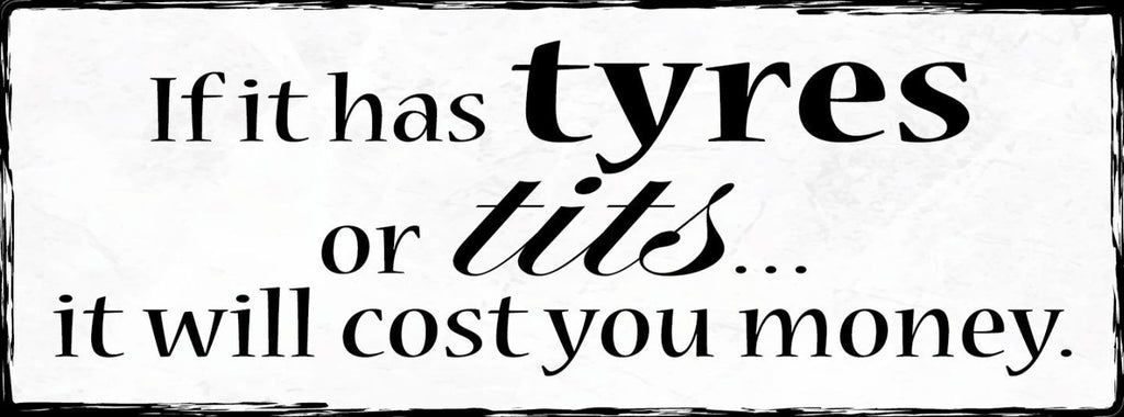 Schild If It Has Tyres Or Tits It Will Cost You Money Geld 27x10 Blech od.Holz