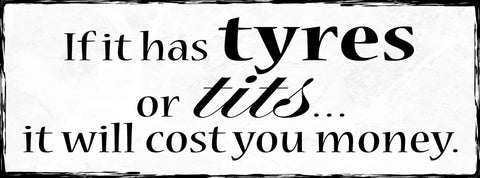 Schild If It Has Tyres Or Tits It Will Cost You Money Geld 27x10 Blech od.Holz