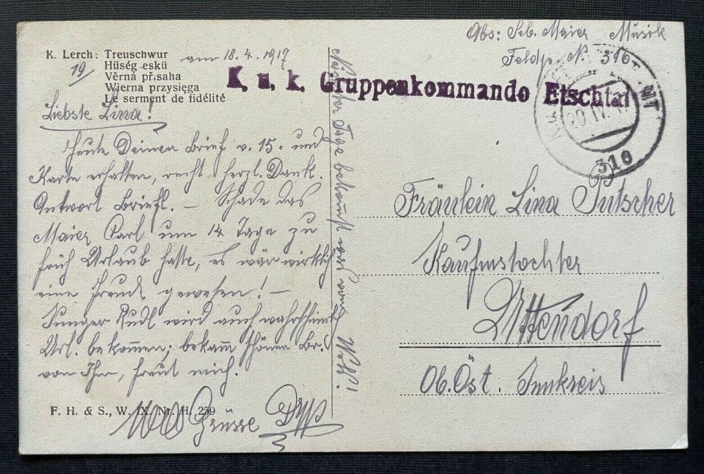 Malerei Treuschwur K.Lerch Paar Mann Frau Kleid Zweig Aussicht Himmel 400307 A