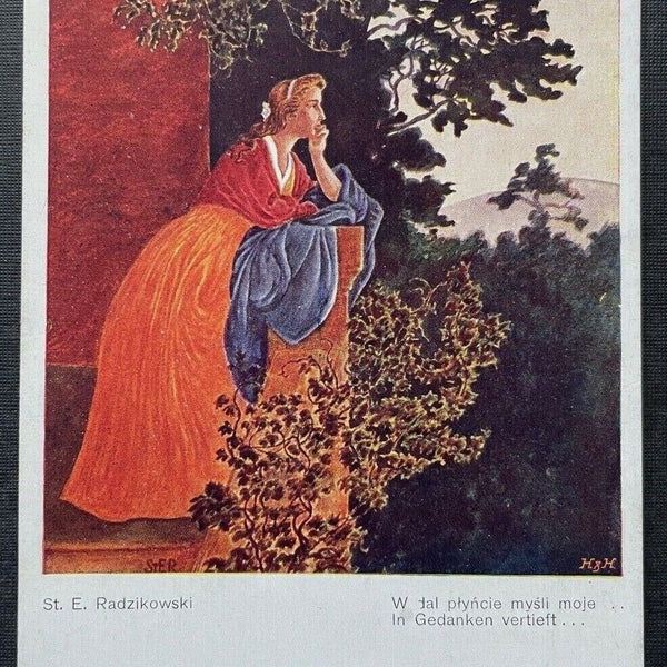 Malerei In Gedanken vertieft St.E.Radzikowski Frau Kleid Balkon Baum 400340 TH F