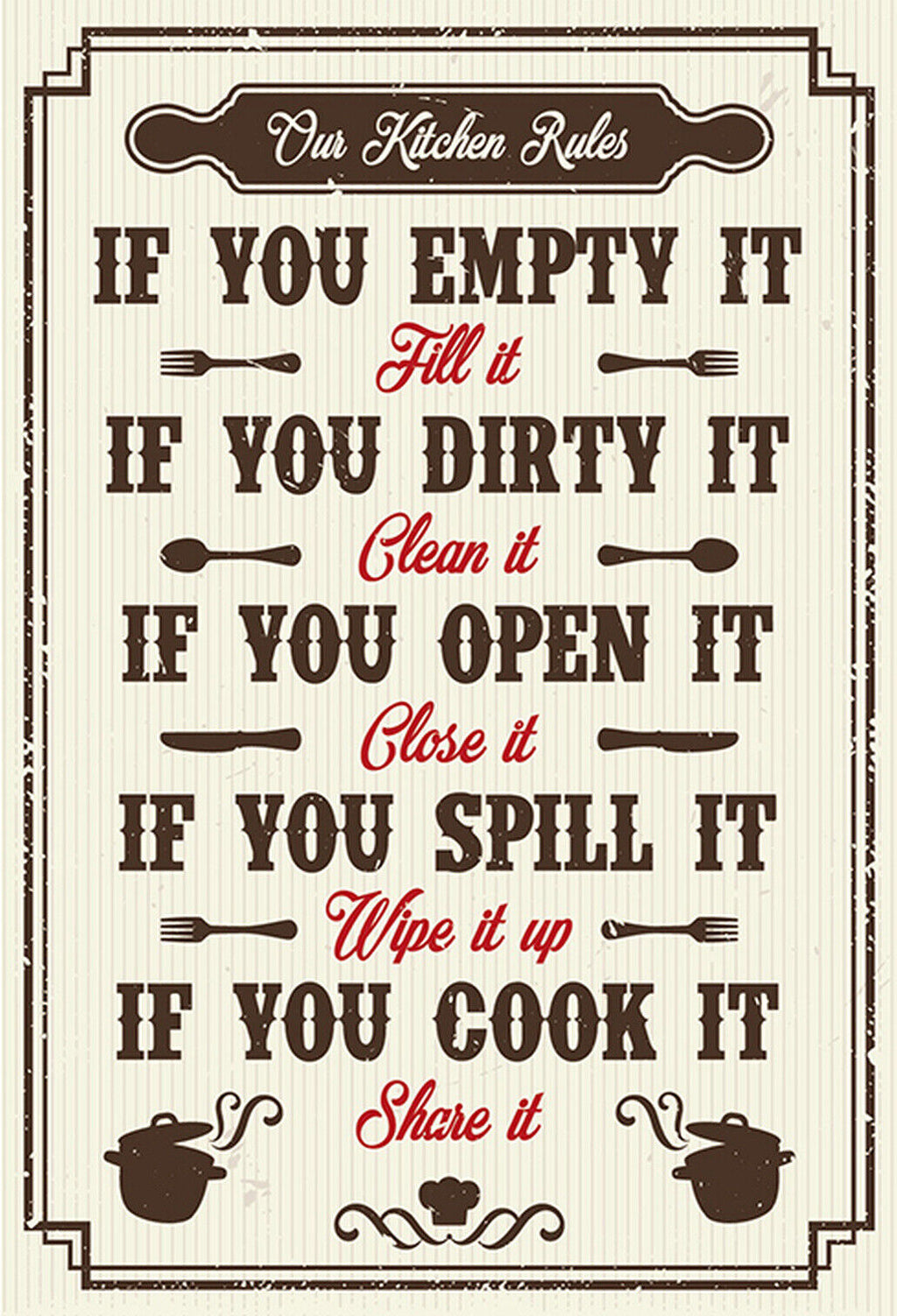 Schild Spruch Our Kitchen Rules Unsere Küche ist toll Essen JW