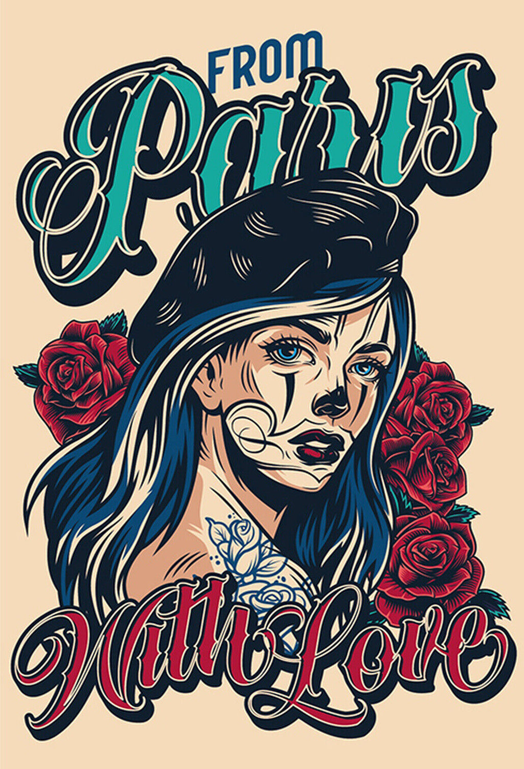 Schild Spruch From Paris with Love Liebesgrüße aus Paris Tattoo Frau Comic JW