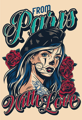 Schild Spruch From Paris with Love Liebesgrüße aus Paris Tattoo Frau Comic JW