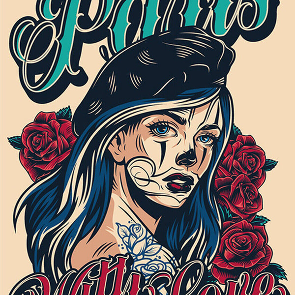 Schild Spruch From Paris with Love Liebesgrüße aus Paris Tattoo Frau Comic JW