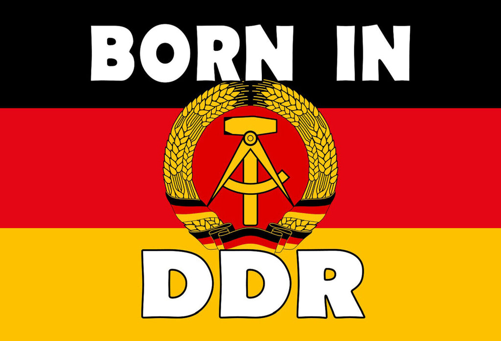 Schild Spruch Born in DDR Geboren in der DDR Nationalflagge Hammer und Zirkel JW