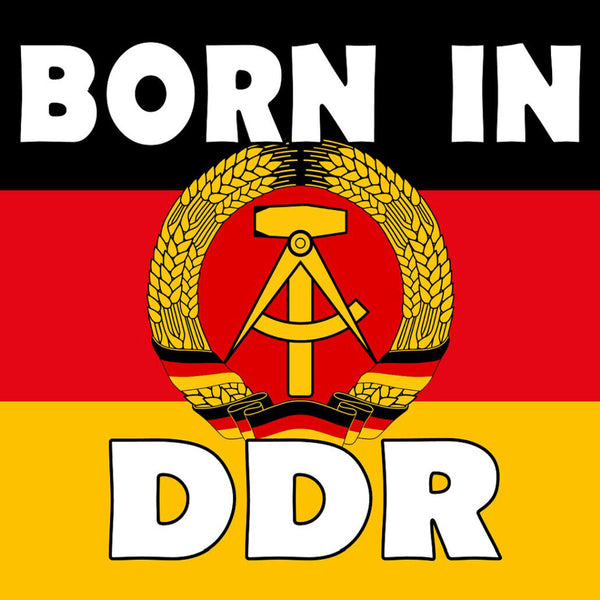 Schild Spruch Born in DDR Geboren in der DDR Nationalflagge Hammer und Zirkel JW
