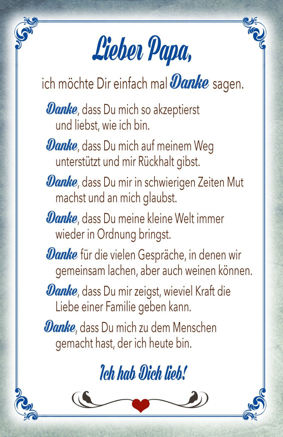 Schild Spruch Lieber Papa Ich möchter dir einfach mal Danke sagen Familie JW