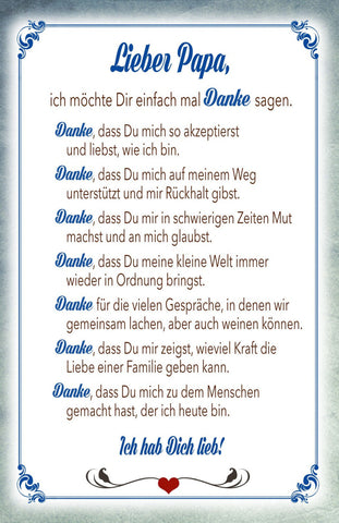 Schild Spruch Lieber Papa Ich möchter dir einfach mal Danke sagen Familie JW