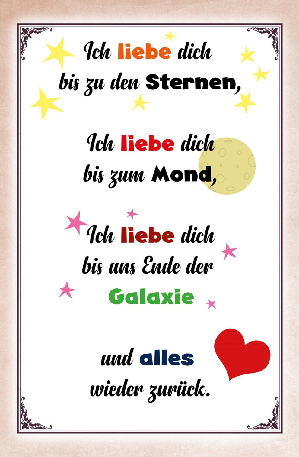 Schild Spruch ich liebe dich bis zu den Sternen und alles wieder zurück JW
