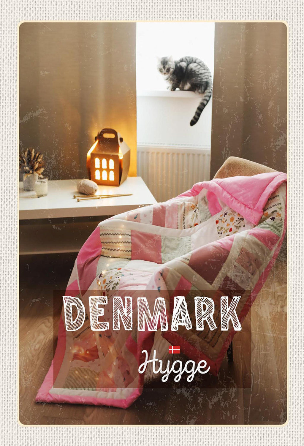 Schild Spruch Hygge Denmark Dänemark Katze Sessel JW