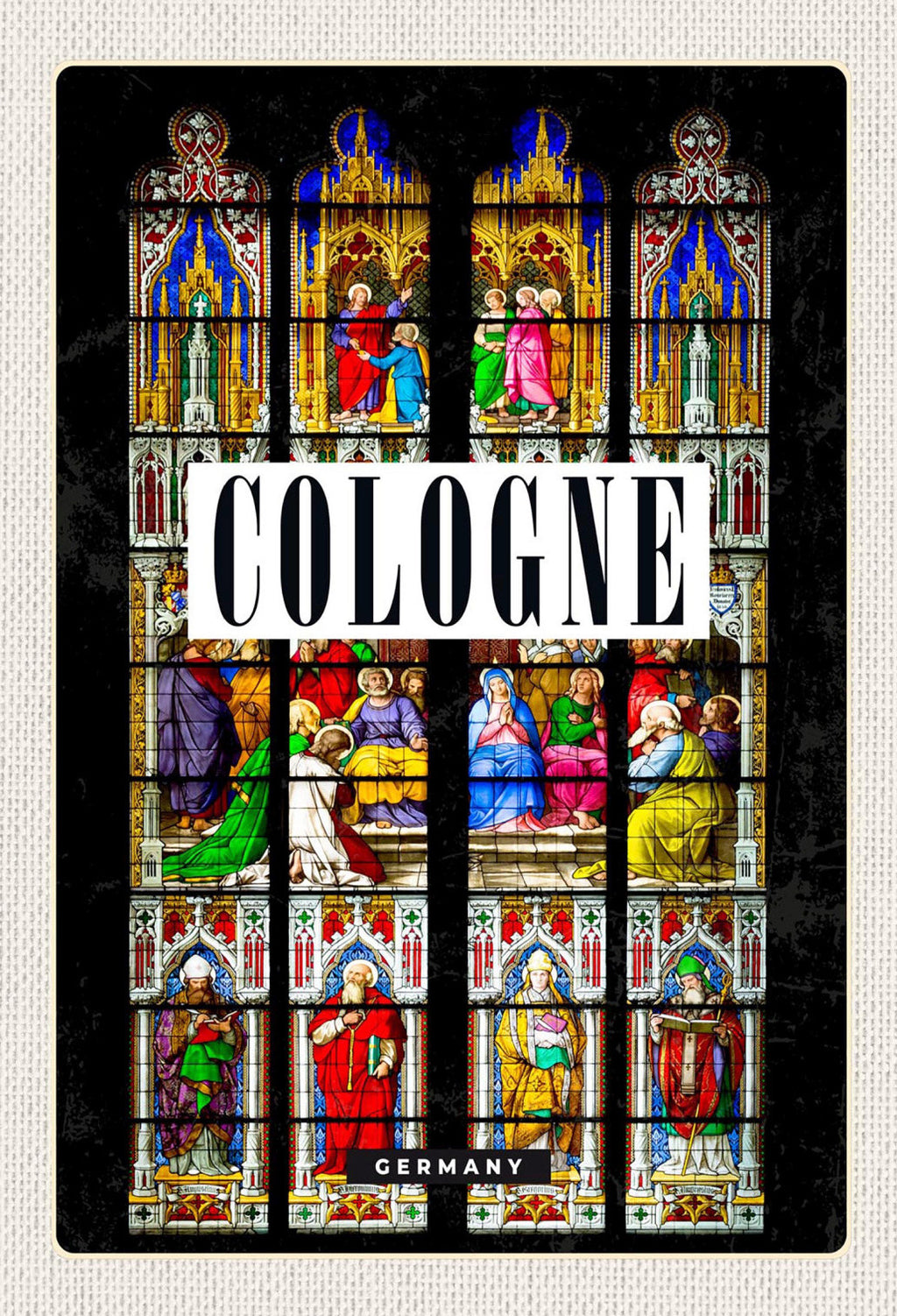 Schild Spruch Cologne Germany Köln Deutschland Kirche Mosaikfenster bunt JW