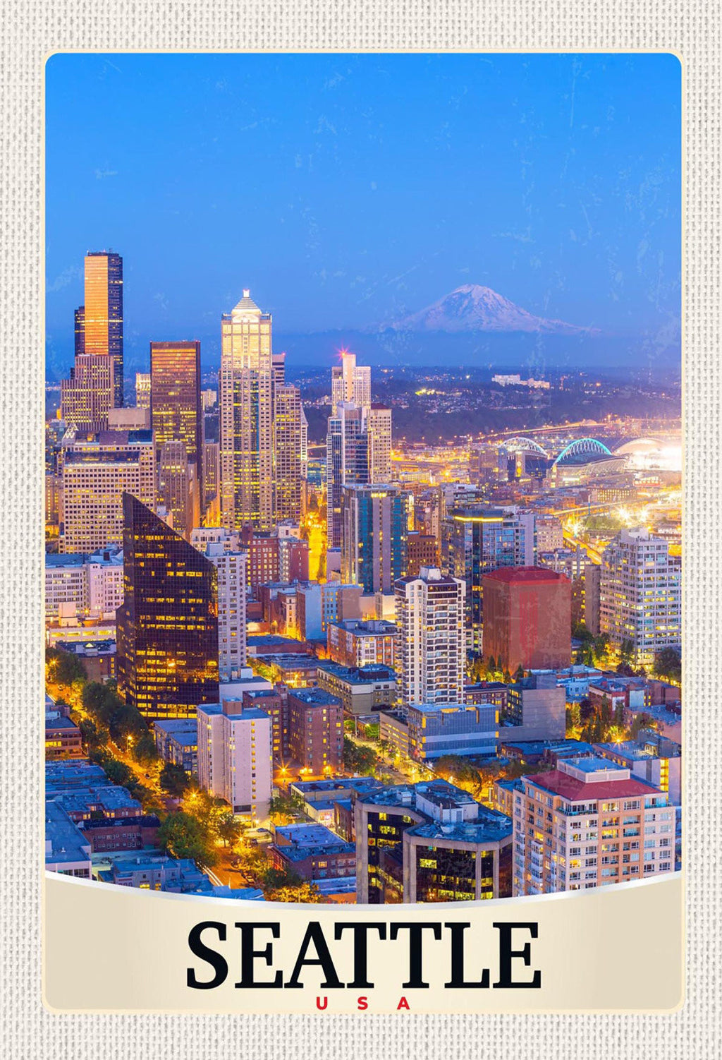 Schild Spruch Seattle USA Stadt Nacht Hochhäuser Berg JW