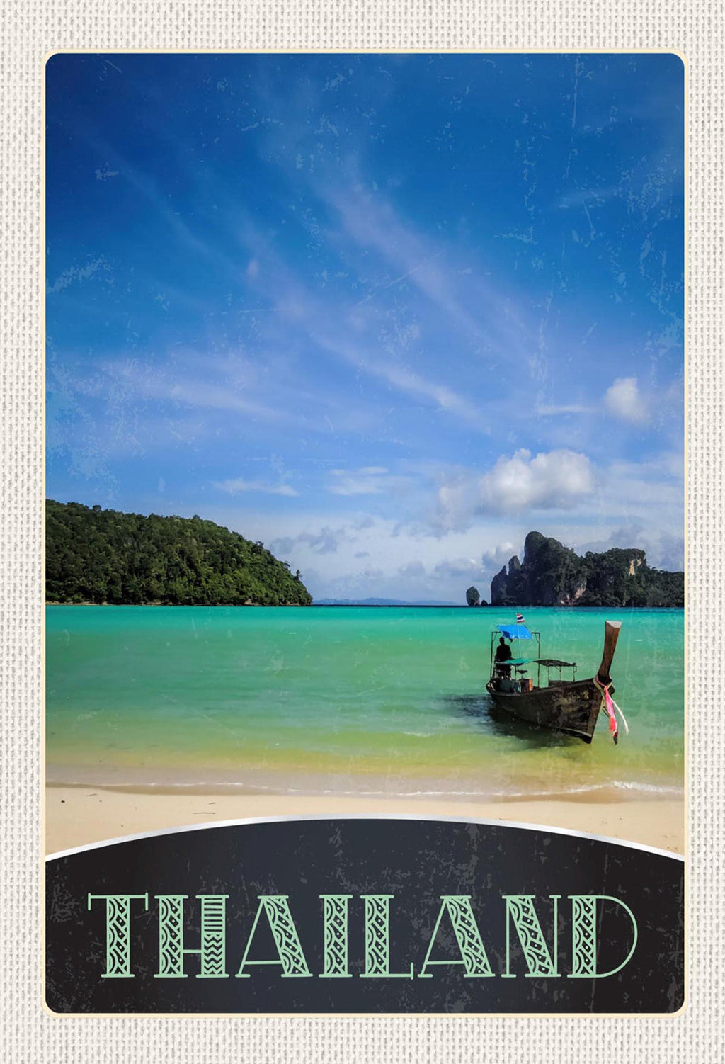 Schild Spruch Thailand Boot Meer Hügel Insel Strand JW
