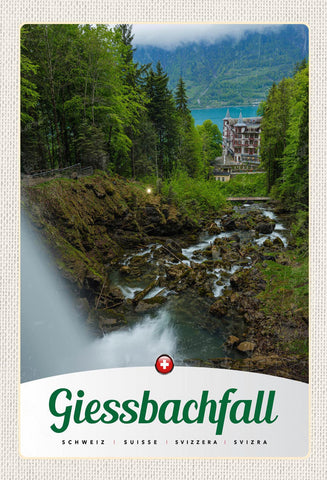 Schild Spruch Giessbachfall Wasserfall Switzerland Schweiz Wald Häuser JW