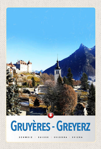 Schild Spruch Gruyeres-Greyerz Switzerland Schweiz Dorf Berge Kirche Schloss JW