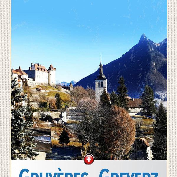 Schild Spruch Gruyeres-Greyerz Switzerland Schweiz Dorf Berge Kirche Schloss JW