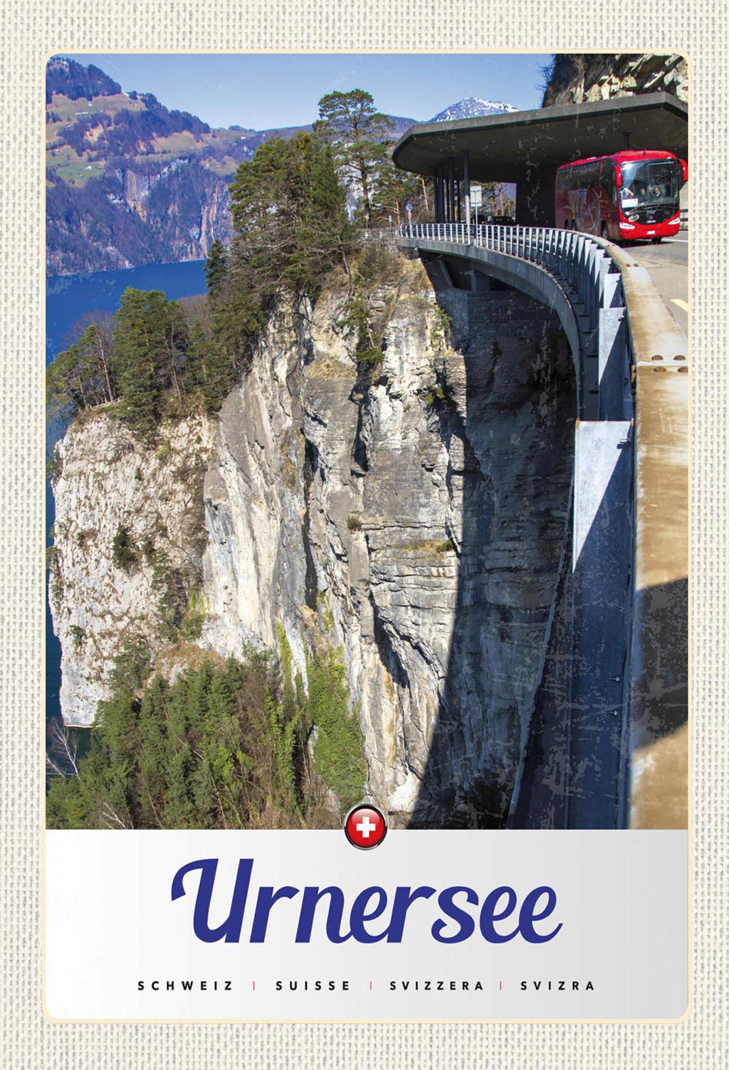 Schild Spruch Urnersee Switzerland Schweiz Felsen Berge Uferweg Bus JW