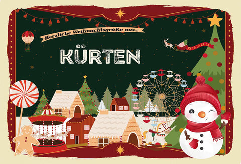 Schild Spruch Herzliche Weihnachtsgrüße aus Kürten Comic Schneemann JW