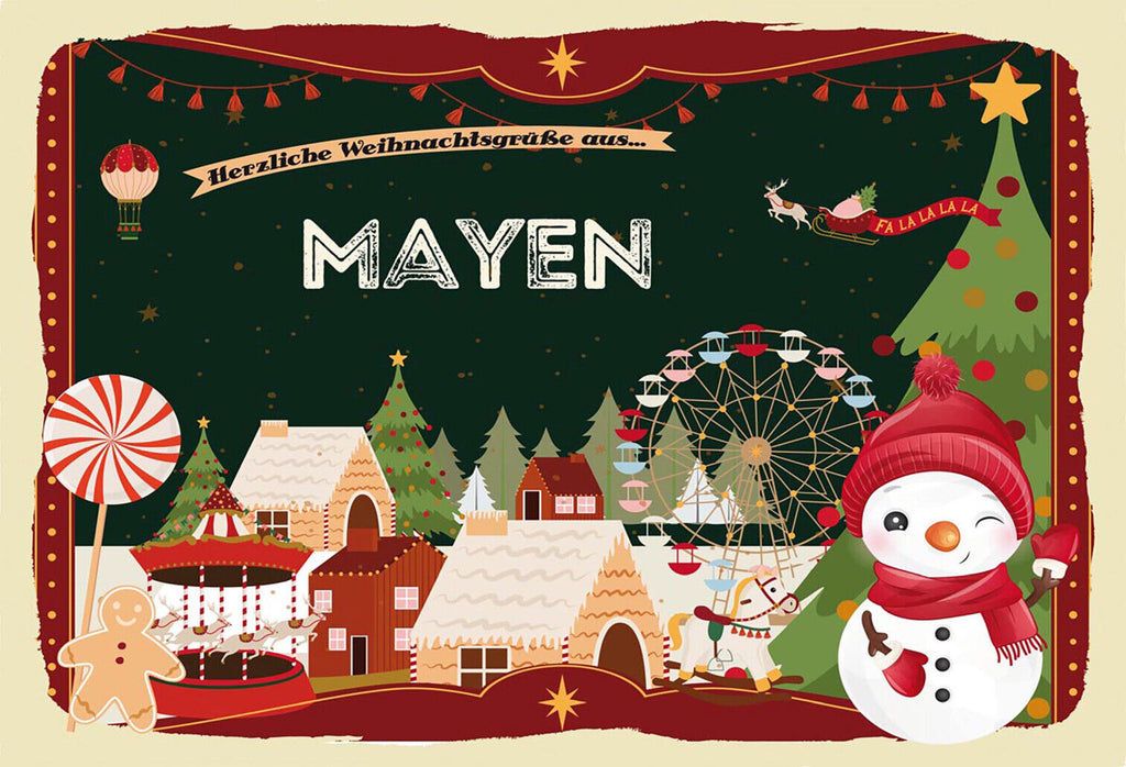 Schild Spruch Herzliche Weihnachtsgrüße aus Mayen Comic Schneemann JW
