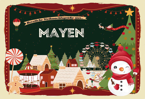 Schild Spruch Herzliche Weihnachtsgrüße aus Mayen Comic Schneemann JW