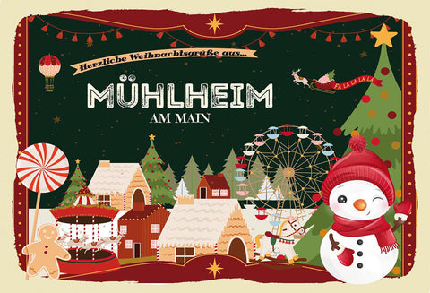 Schild Spruch Herzliche Weihnachtsgrüße aus Mühlheim am Main Comic Schneemann JW