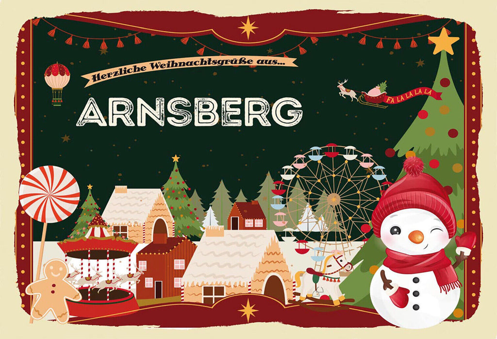 Schild Spruch Herzliche Weihnachtsgrüße aus Arnsberg Comic Schneemann JW