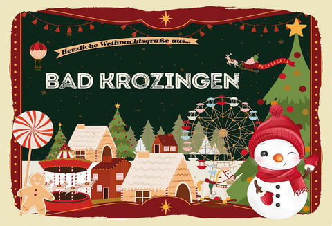 Schild Spruch Herzliche Weihnachtsgrüße aus Bad Kroizingen Comic Schneemann JW