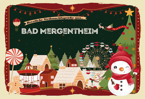 Schild Spruch Herzliche Weihnachtsgrüße aus Bad Mergentheim Comic Schneemann JW