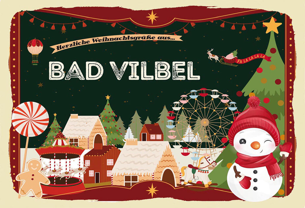 Schild Spruch Herzliche Weihnachtsgrüße aus Bad Vilbel Comic Schneemann JW