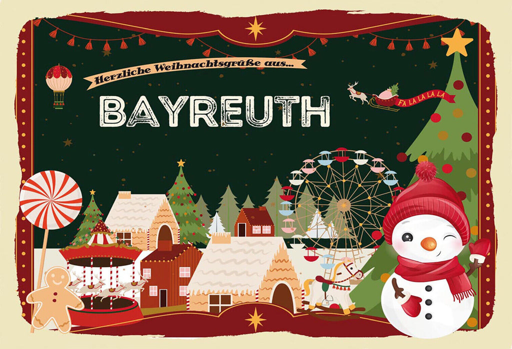 Schild Spruch Herzliche Weihnachtsgrüße aus Bayreuth Comic Schneemann JW