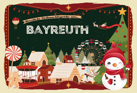 Schild Spruch Herzliche Weihnachtsgrüße aus Bayreuth Comic Schneemann JW