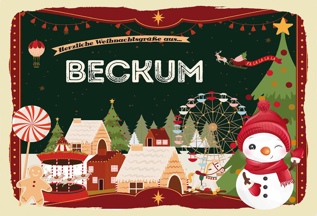 Schild Spruch Herzliche Weihnachtsgrüße aus Beckum Comic Schneemann JW
