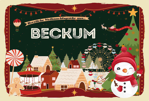 Schild Spruch Herzliche Weihnachtsgrüße aus Beckum Comic Schneemann JW