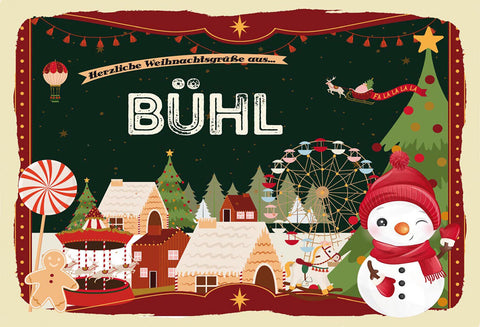 Schild Spruch Herzliche Weihnachtsgrüße aus Bühl Comic Schneemann JW