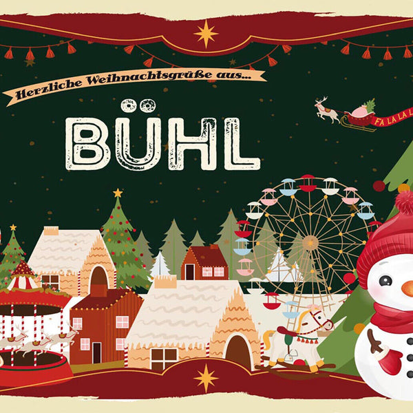 Schild Spruch Herzliche Weihnachtsgrüße aus Bühl Comic Schneemann JW