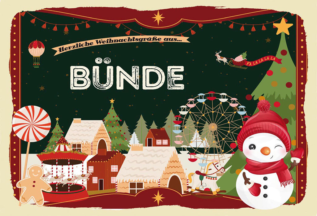 Schild Spruch Herzliche Weihnachtsgrüße aus Bünde Comic Schneemann JW