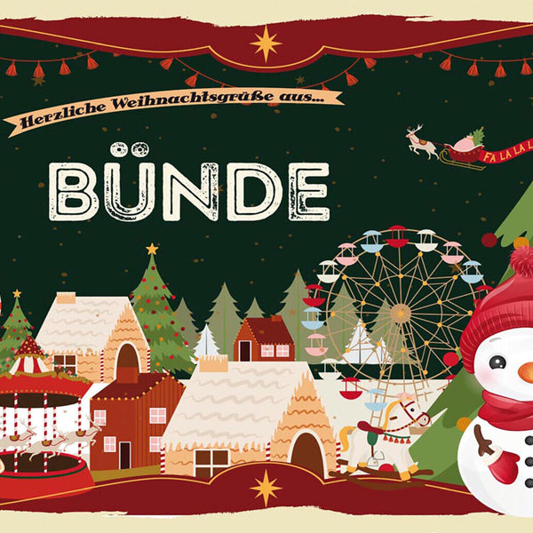 Schild Spruch Herzliche Weihnachtsgrüße aus Bünde Comic Schneemann JW